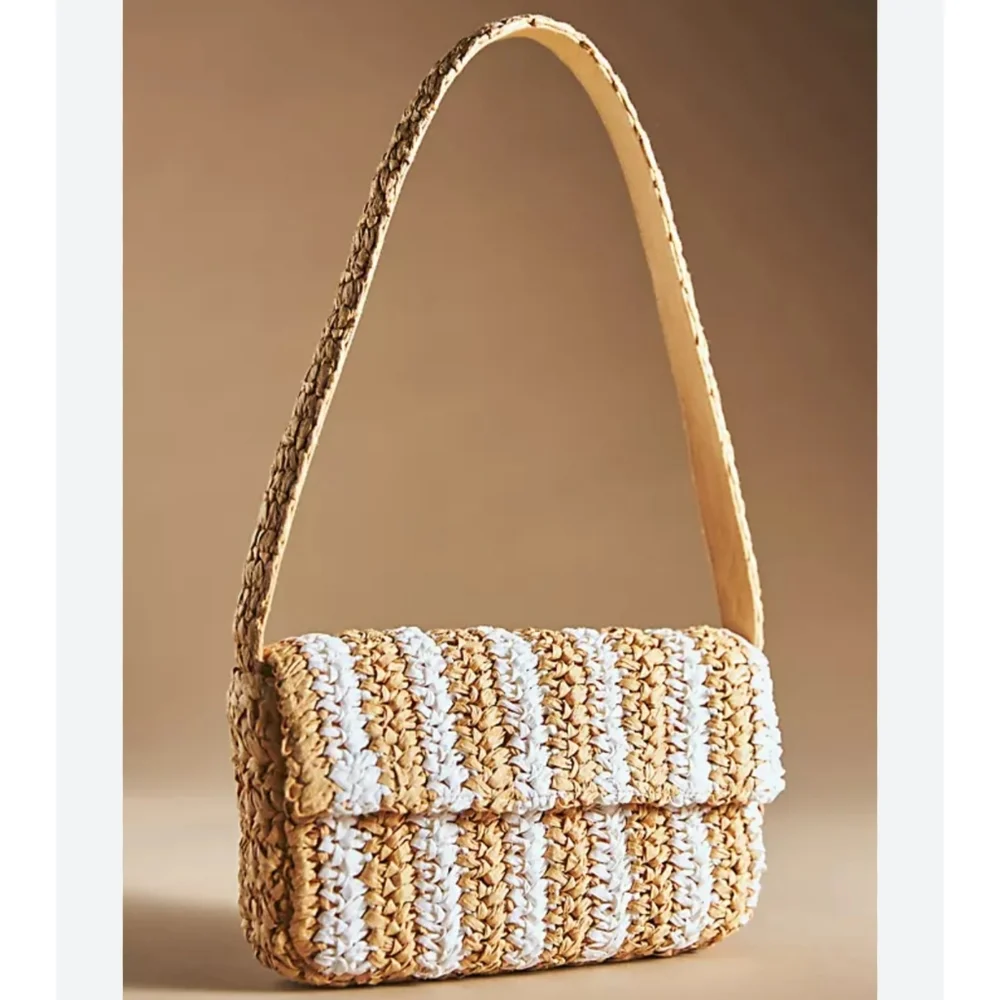 Anthropologie STRIPED RAFFIA SHOULDER BAG IN BEIGE